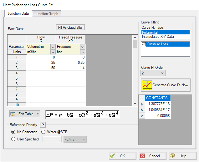 The Junction Data tab of the Heat Exchanger Loss Curve Fit window with data entered in the table. 